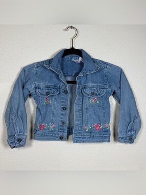 Girls 4T Blueberri Boulevard Light Wash Floral Embroidered Denim Jacket Button